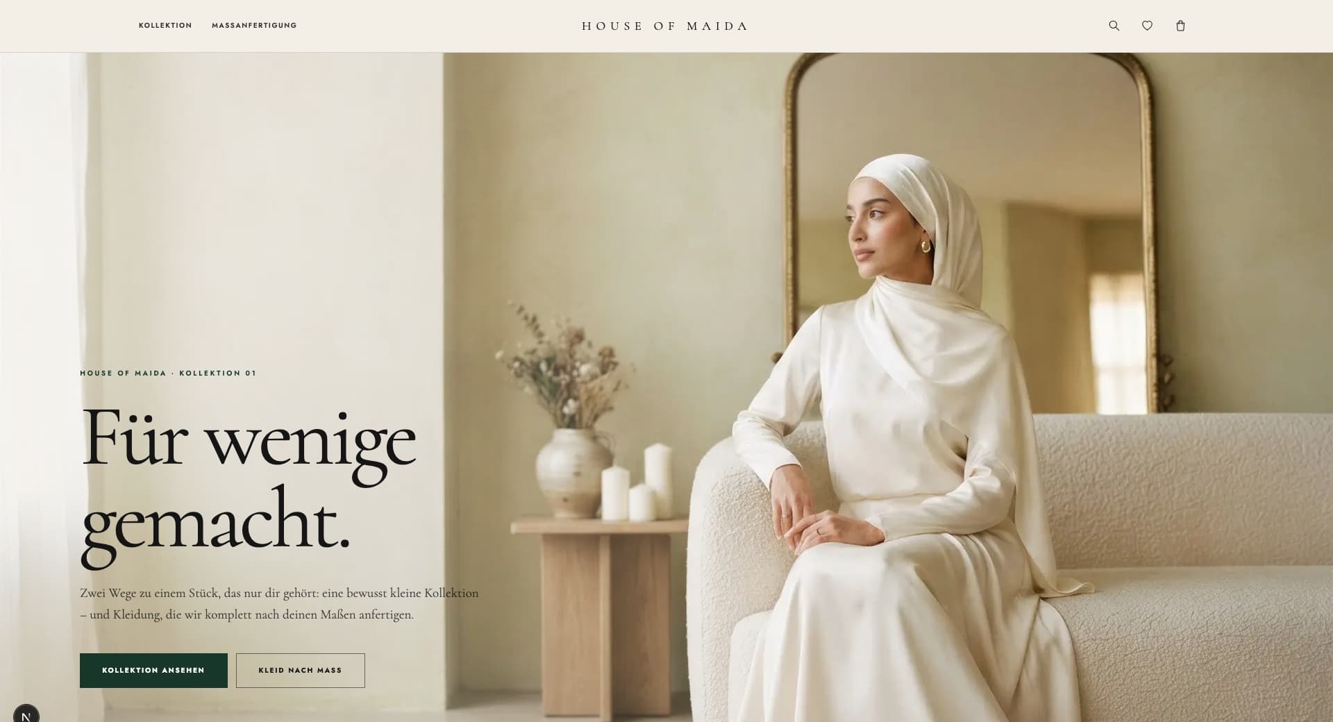 House of Maida Startseite mit Kollektion 01 im Editorial-Stil