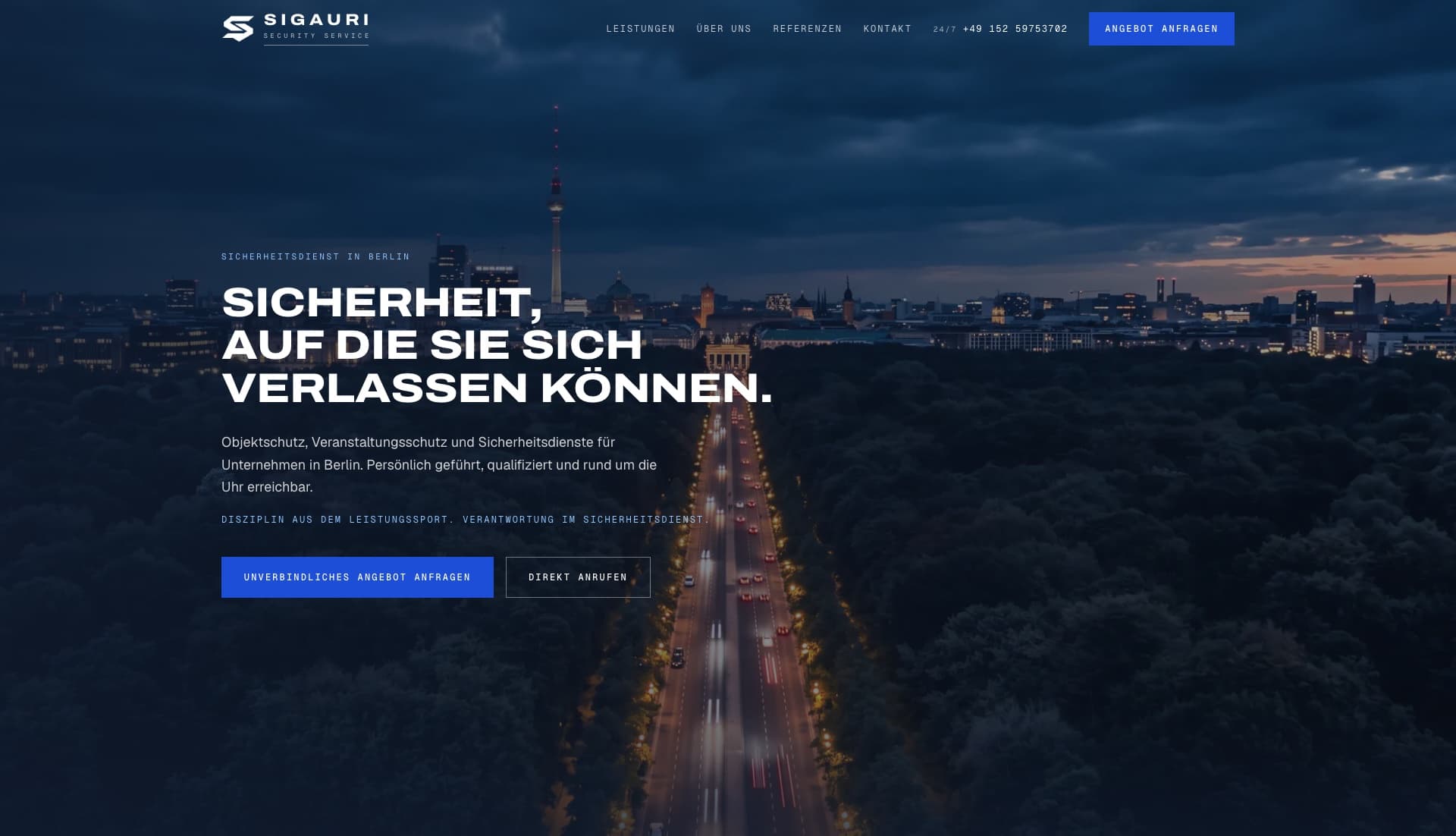 Startseite von Sigauri Security Service mit Berliner Skyline