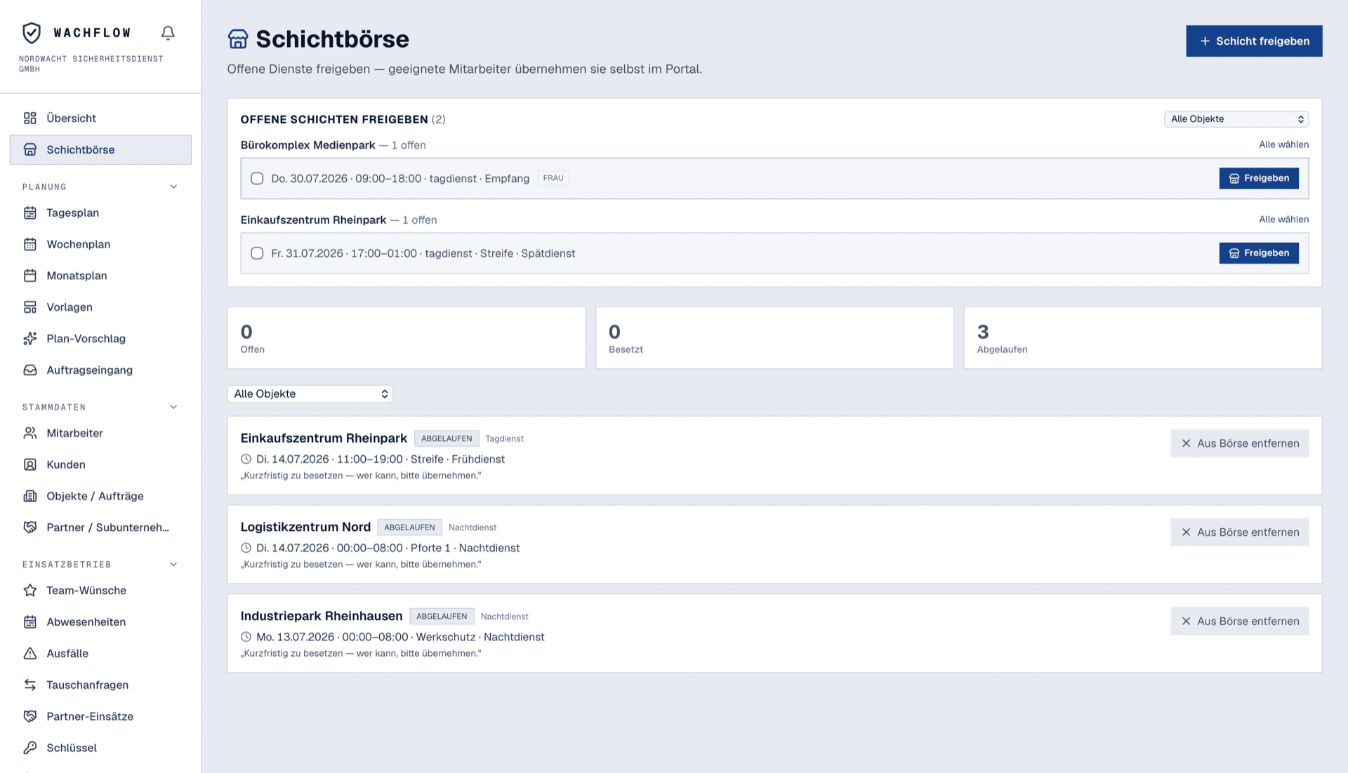 WachFlow Schichtbörse im Mitarbeiterportal